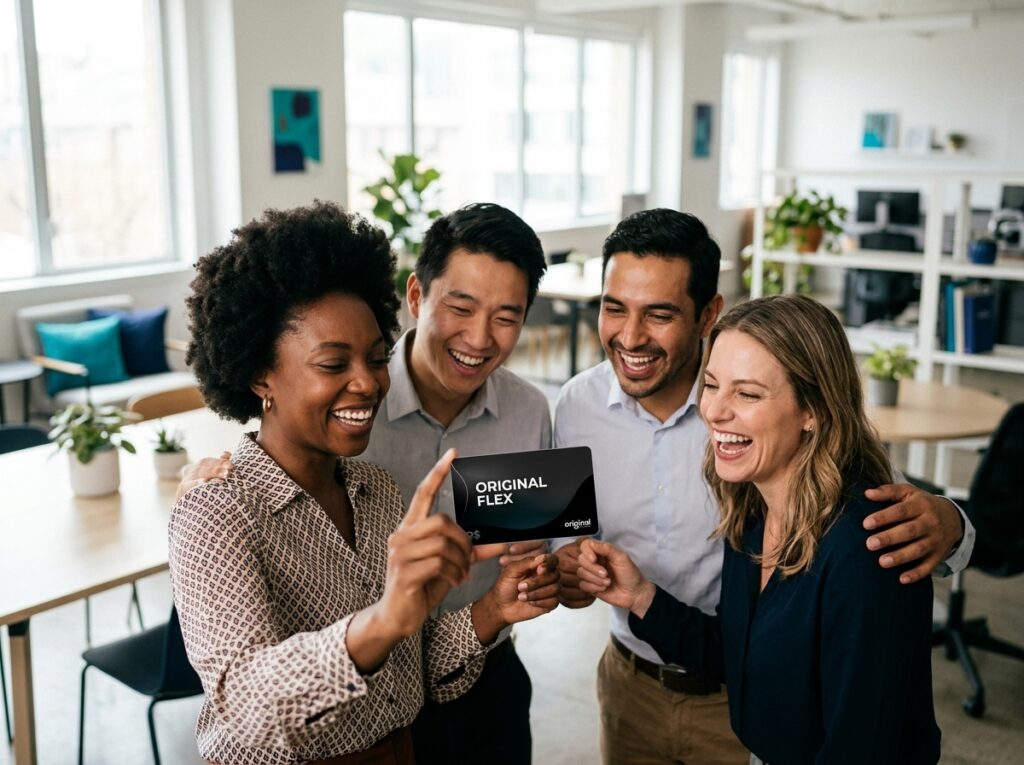 Time de colaboradores comemorando o incentivo flexível para colaboradores com o cartão Original Flex